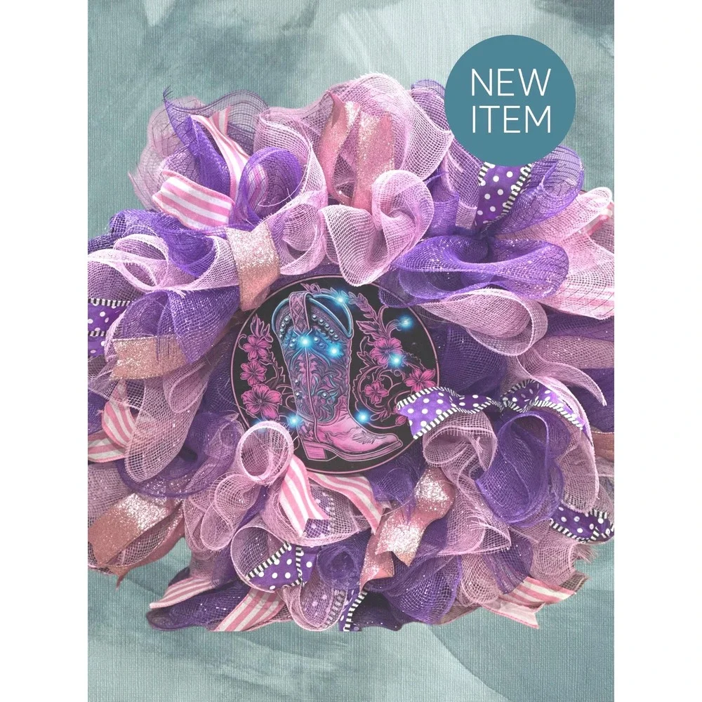 Handmade Western Mesh Wreath; Purple and Pink Wreath with a Western Flair